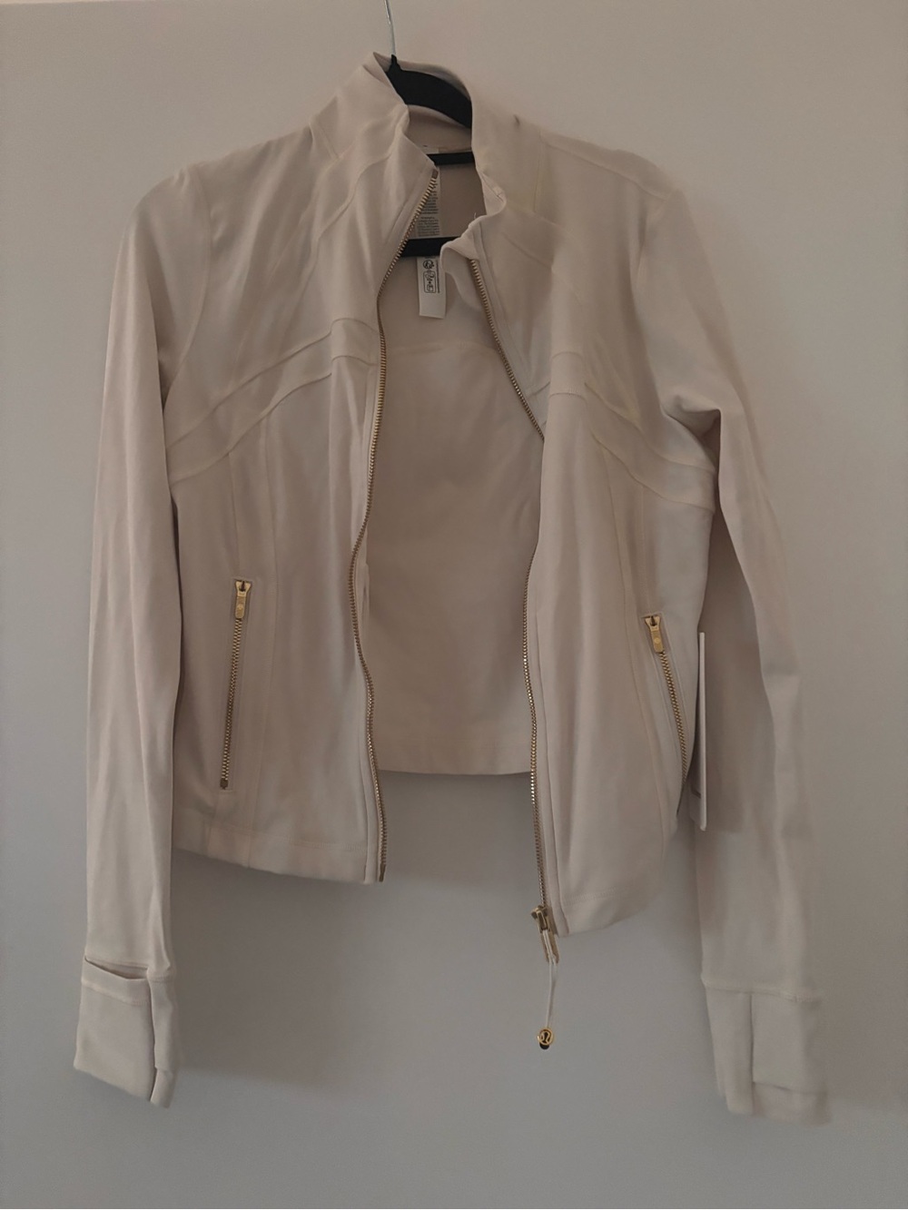 lululemon athletica Cream Zip-Front Leather Jacket with Gold Hardware